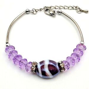 Silvertone Adjustable Bracelet Amethyst Colored Glass Rondelles Art Glass Center